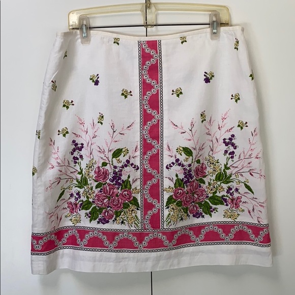 LOFT Dresses & Skirts - Ann Taylor Loft LINEN Roses Pink White Skirt 14